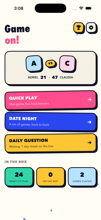 The Dos Play home screen showing the couple scoreboard and three ways to start playing