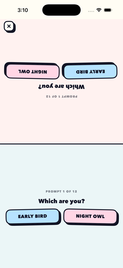 A game split across the screen with the top half rotated for the partner sitting opposite